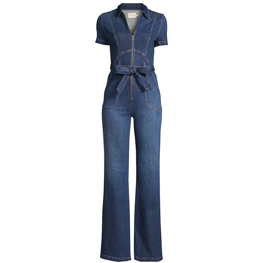 NWT Authentic Alice + Olivia 70s Style Wide Leg Belted Denim Jumpsuit
